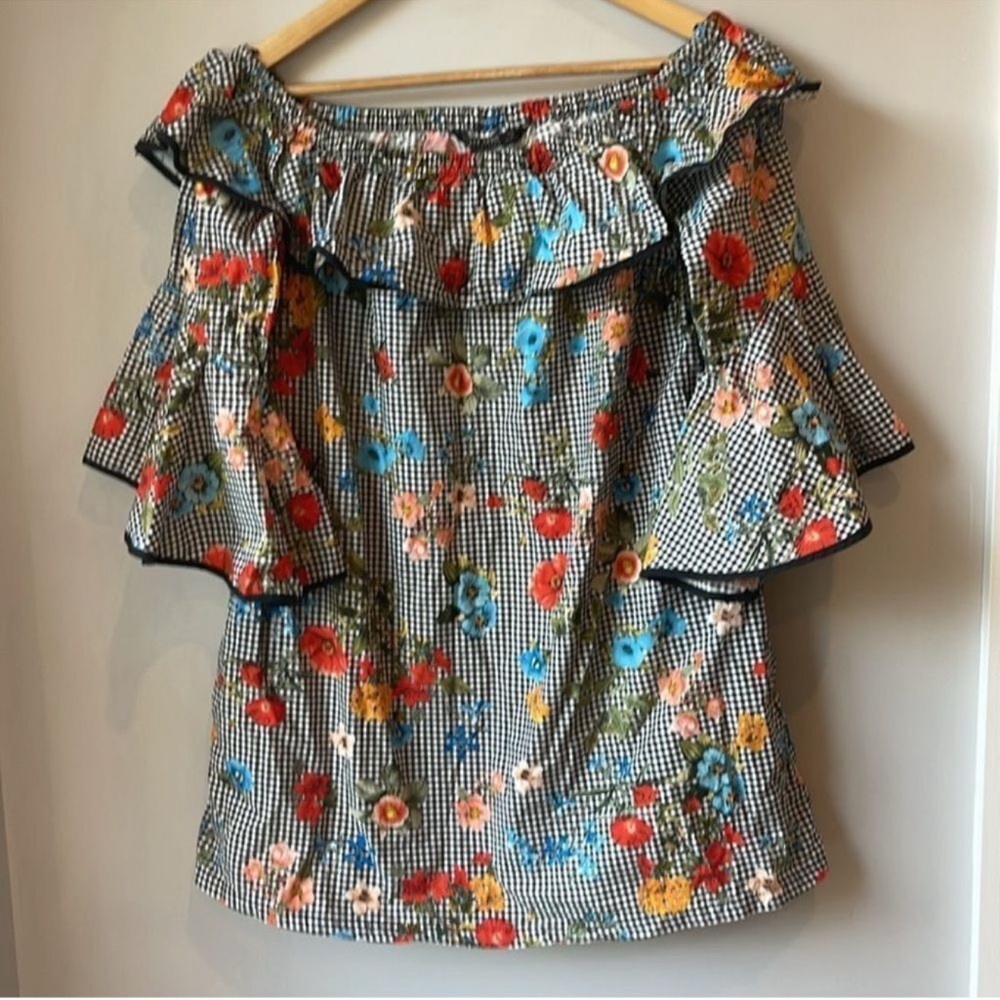 Zara Gingham Off The Shoulder Tunic Floral Ruffle Mini Dress - Picture 3 of 8